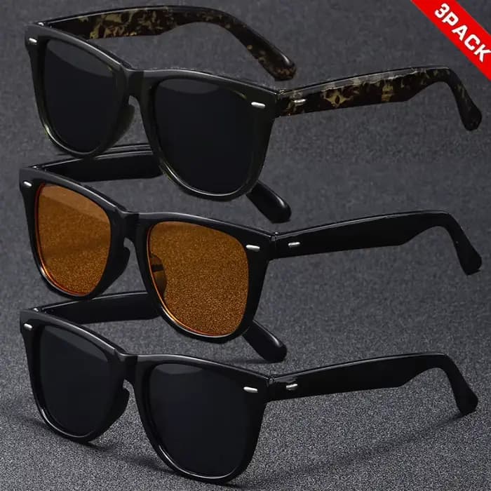 Lunettes de soleil classiques style Wayfarer, 3 pièces, noires, à monture complète, protection UV 10