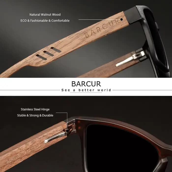 BARCUR lunettes de soleil en bois pour hommes lunettes de soleil polarisées en bois de noyer naturel