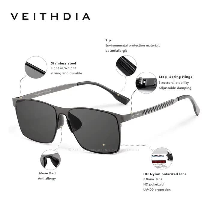 VEITHDIA-Lunettes de soleil polarisées en acier inoxydable pour homme, verres en nylon pour la condu