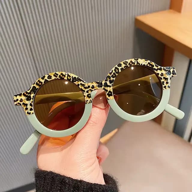 Lunettes de soleil rondes pour enfants, design de dessin animé mignon, léopard, Double couleur, Vint