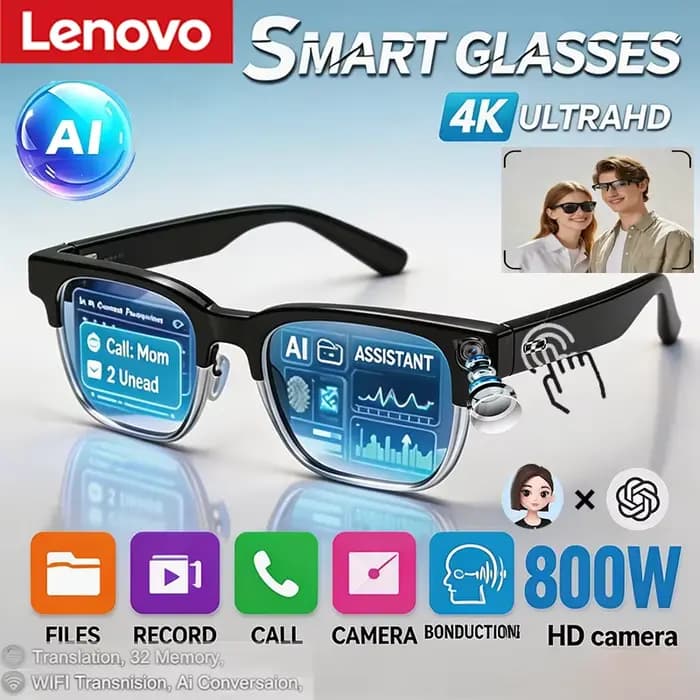 Lunettes intelligentes Lenovo avec assistant vocal IA, contrôle à distance 4K, appareil photo tactil