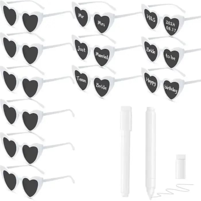 Ensemble de lunettes de soleil en forme de cœur pour fête, 12 paires, monture blanche avec 2 marqueu