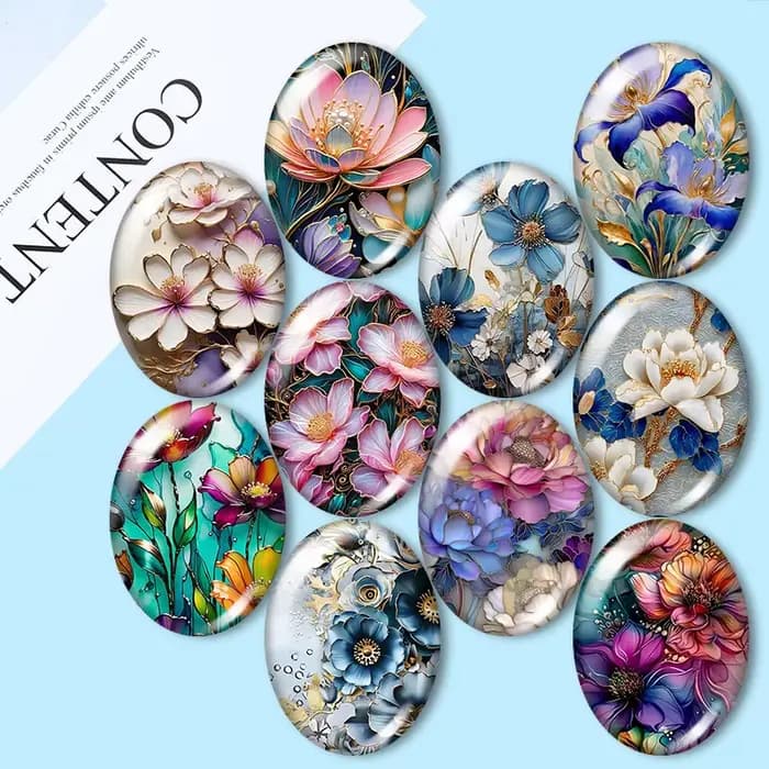 Cabochons ovales en verre photo à dos plat, motifs fleurs de beauté, lotus et coquelicot, 10 pièces 