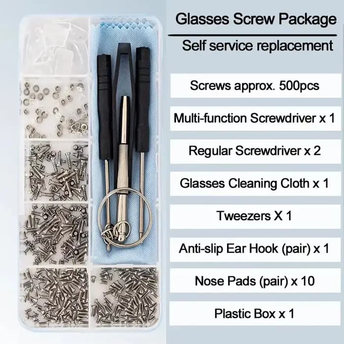 Kit de réparation pour lunettes et lunettes de soleil : Outils, tournevis, vis, écrous, plaquettes d