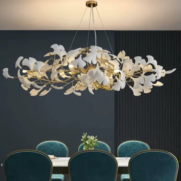 Lustres en verre de feuille de Ginkgo avec cadre en forme de branche d'or pour salle à manger chambr