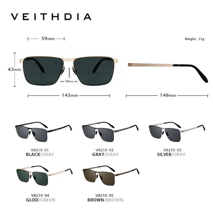 Lunettes de soleil carrées pour hommes de marque VEITHDIA, en acier inoxydable, verres en nylon haut