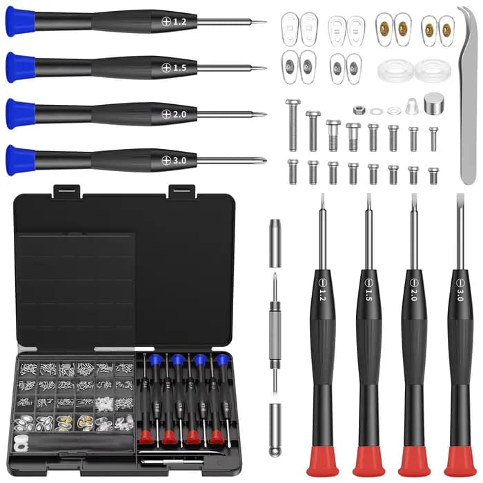 Kit d'outils de réparation de lunettes avec vis, plaquettes nasales, pincettes, chiffon de nettoyage