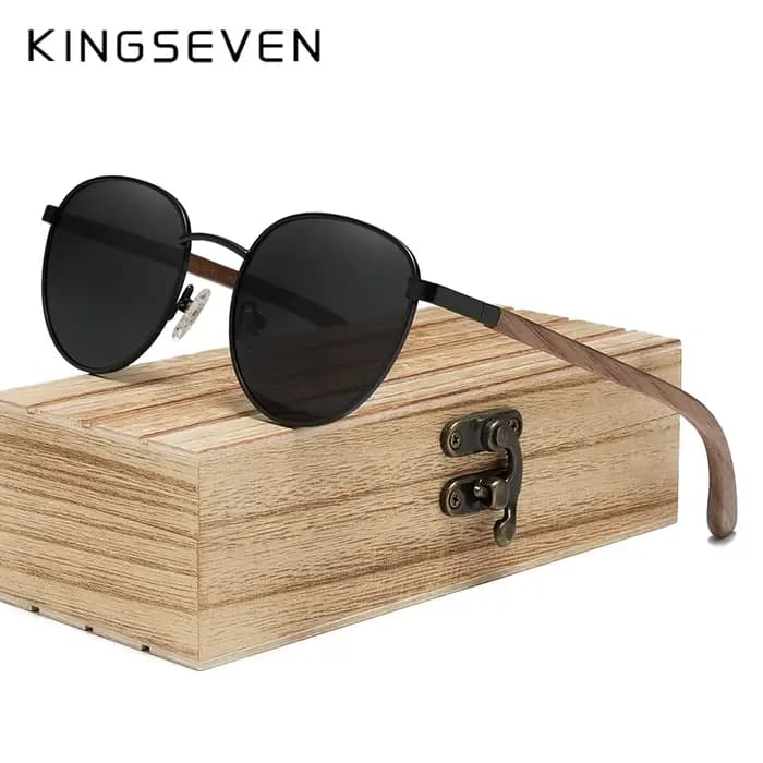 KINGSEVEN lunettes de soleil rondes en bois de noyer pour hommes lentille de Protection polarisée UV