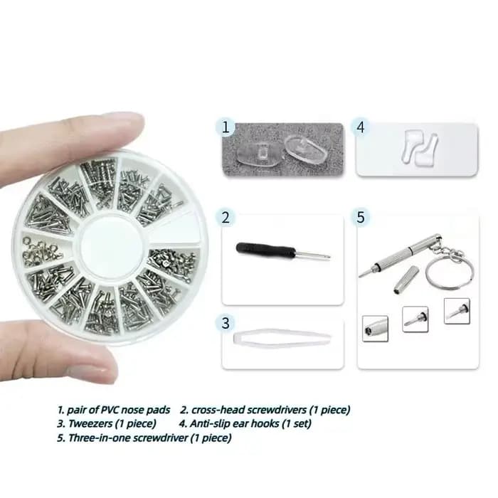 1 kit d'outils de réparation de lunettes avec vis, clé à lunettes, mini tournevis et pièces de fixat