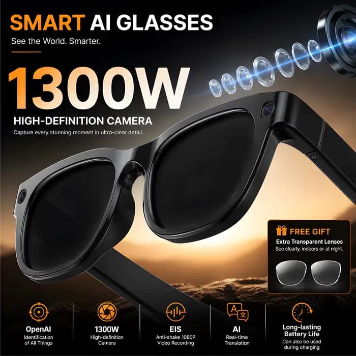 Lunettes Intelligentes IA 2026 Nouveau Modèle avec Reconnaissance IA HD 1300W Pixels, Traduction IA,