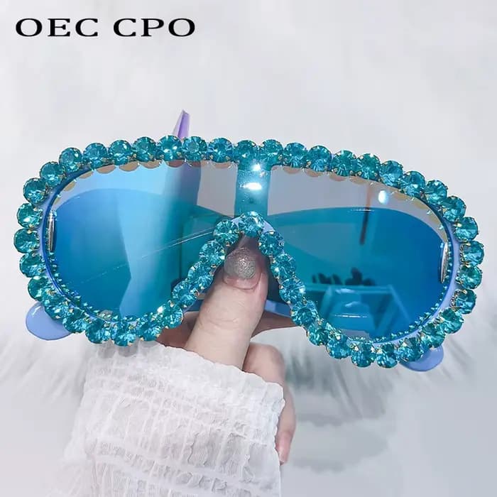 Diamants brillants Y2K lunettes de soleil femmes luxe surdimensionné une pièce lunettes de soleil lu