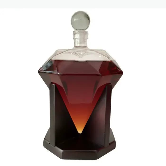 Bouteille en verre en forme de diamant avec base en bois, carafe en verre épaissi, flacon, carafe à 