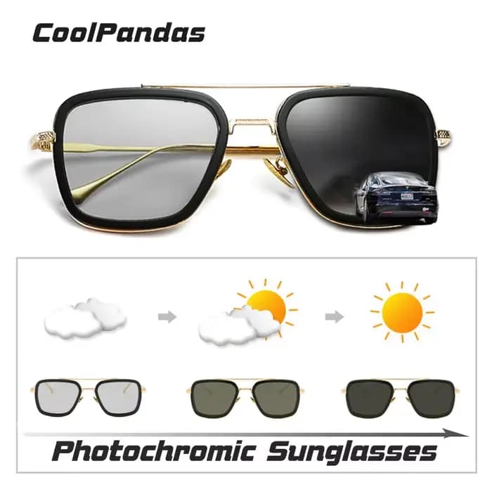 Top qualité Tony Stark carré lunettes de soleil photochromique polarisé hommes lunettes Steampunk lu