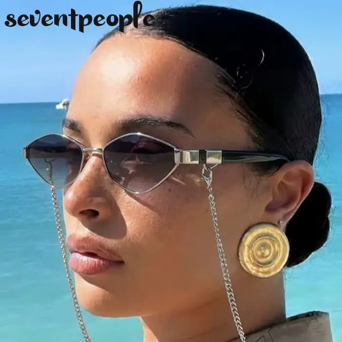 Lunettes de soleil hexagonales à petite monture avec chaîne pour femme 2026 – Marque de luxe vintage