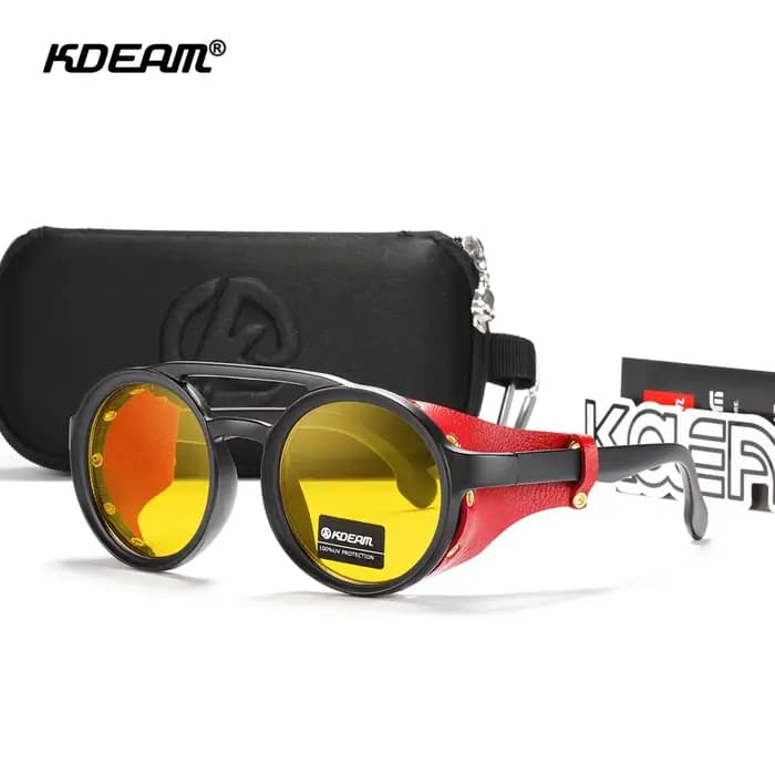 KDEAM Vintage lunettes de soleil rondes hommes femmes cuir bouclier lunettes de soleil double pont c