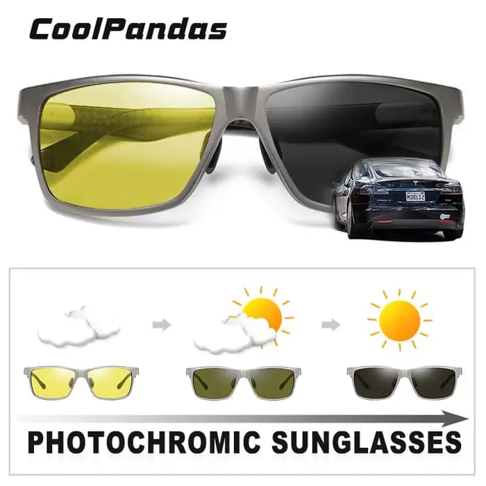 Top fibre de carbone carré conduite photochromique lunettes de soleil polarisées hommes jour nuit Vi