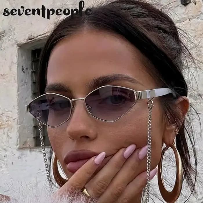 Lunettes de soleil hexagonales à petite monture avec chaîne pour femme 2026 – Marque de luxe vintage
