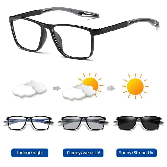 Lunettes photochromiques de sport, monture carrée TR90 avec filtre de lumière bleue, protection UV40