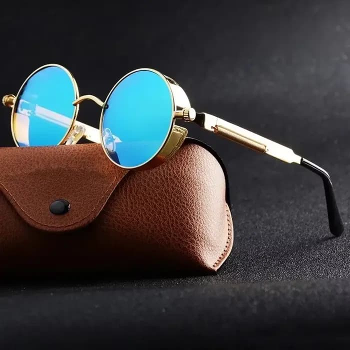 Lunettes de soleil rétro à monture ronde avec charnières à ressort en métal avec lentilles réfléchissantes et colorées