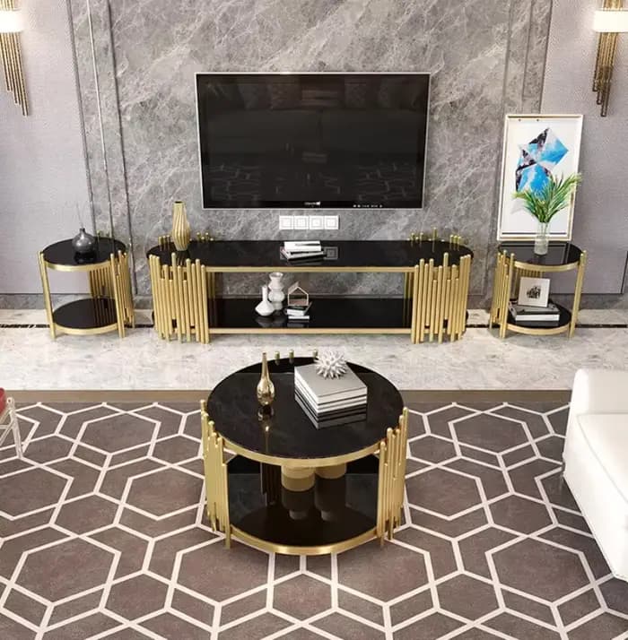 Table basse rotative en verre trempé noir, Table d'appoint de luxe en acier inoxydable, meuble TV, ensemble combiné de meubles