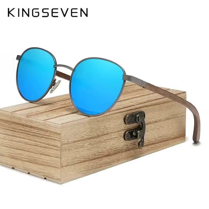 KINGSEVEN lunettes de soleil rondes en bois de noyer pour hommes lentille de Protection polarisée UV400