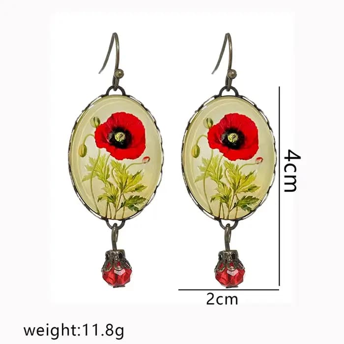 Boucles d'oreilles romantiques en verre en forme de fleur de coquelicot, finition bronze antique, bijoux fins pour elle, cadeau élégant