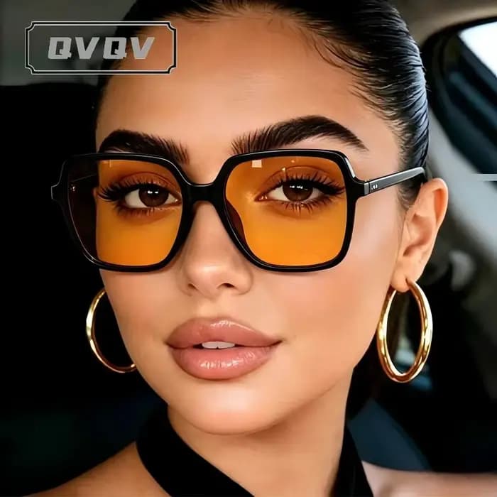 Lunettes de soleil carrées rétro à monture ambrée rivetée pour femme