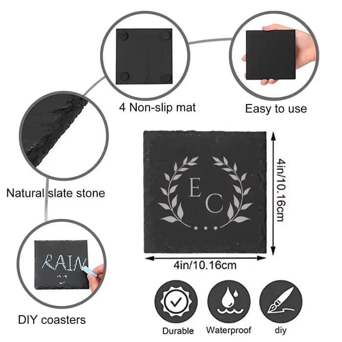 Lot de 6 sous-verres en ardoise personnalisés avec logo, sous-verres en pierre noire gravés sur mesure pour cadeaux d'entreprise, cadeaux pour clients
