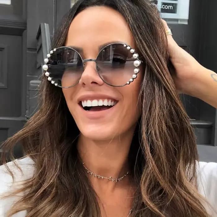 Lunettes de soleil rondes surdimensionnées pour femmes, marque de luxe en perles de styliste, verres transparents élégants, nuances roses pour femmes