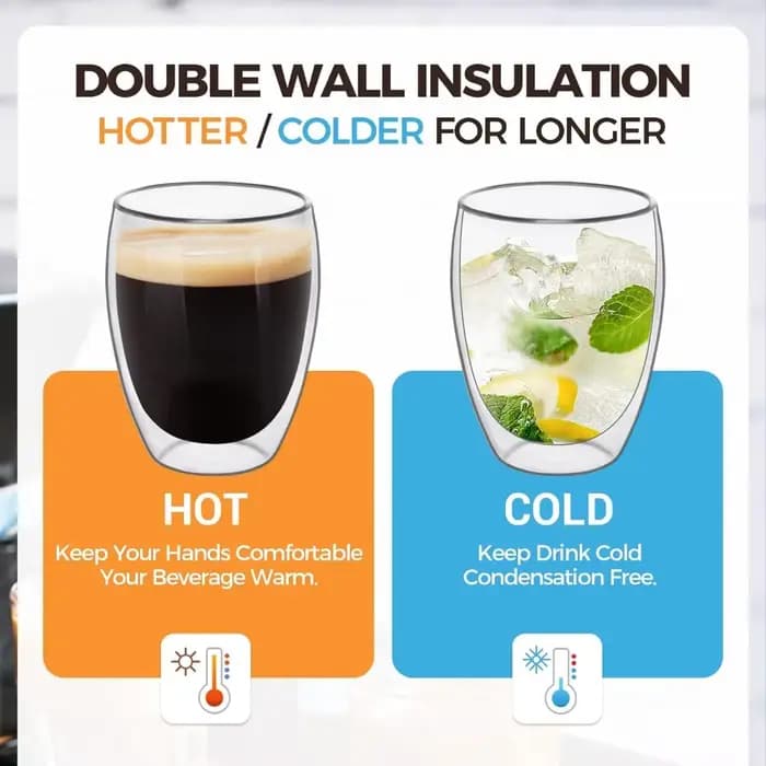 Lot de 6 tasses à café en verre transparent à double paroi de 60 ml/250 ml, parfaites pour expresso, cappuccino, latte, Americano, sachet de thé