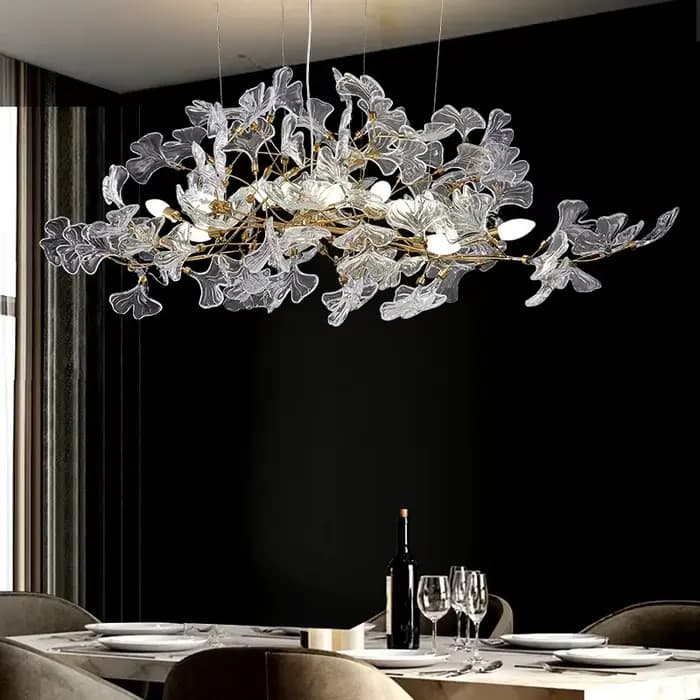 Lustres en verre de feuille de Ginkgo avec cadre en forme de branche d'or pour salle à manger chambre feuille plafonniers suspendus pour salon