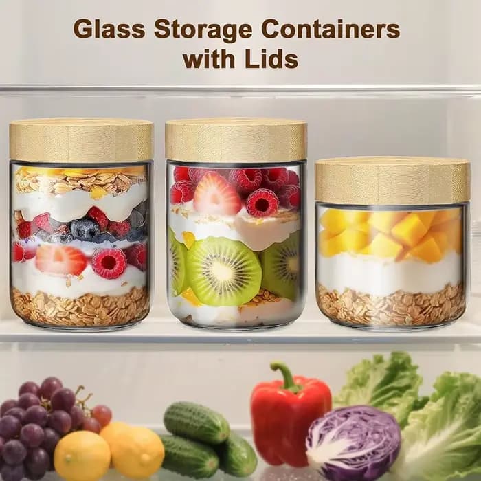 Bocaux en verre de 16 oz avec couvercles hermétiques en bambou, récipients pour overnight oats, bocaux à large ouverture pour salades, yaourts, sucre, collations, épices