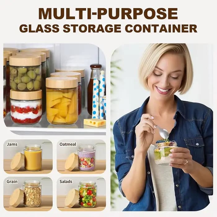 Bocaux en verre de 16 oz avec couvercles hermétiques en bambou, récipients pour overnight oats, bocaux à large ouverture pour salades, yaourts, sucre, collations, épices