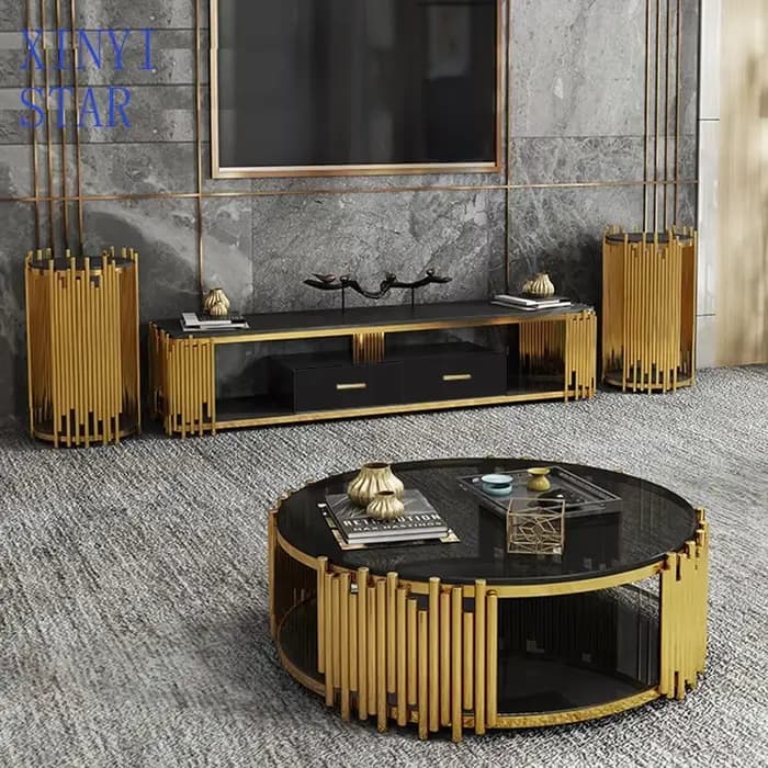 Table basse rotative en verre trempé noir, Table d'appoint de luxe en acier inoxydable, meuble TV, ensemble combiné de meubles