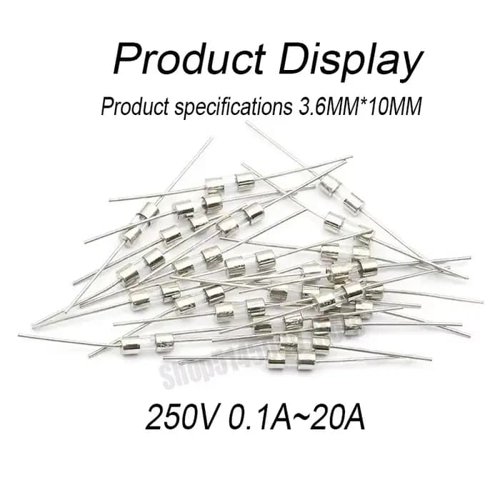 Fusible en verre à rupture rapide, 3.6x10mm, 3.6x10mm, 250V, 0,1a, 0,2a, 0,25a, 0,5a, 0,75a, 1A, 1,6a, 2A, 3,15a, 4A, 5A, 6,3a, 8A, 10A, 12A, 15A, 20A, 10 pièces