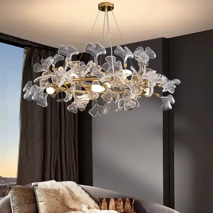 Lustres en verre de feuille de Ginkgo avec cadre en forme de branche d'or pour salle à manger chambre feuille plafonniers suspendus pour salon