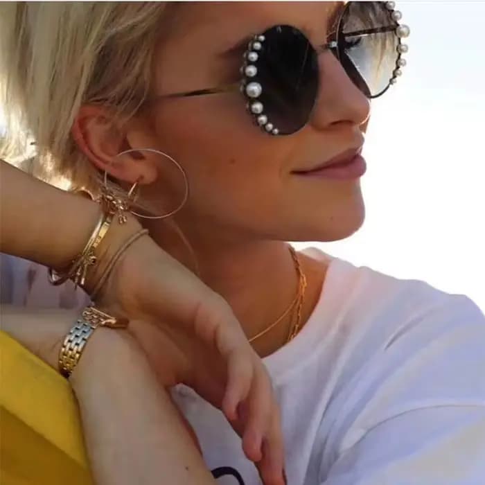 Lunettes de soleil rondes surdimensionnées pour femmes, marque de luxe en perles de styliste, verres transparents élégants, nuances roses pour femmes
