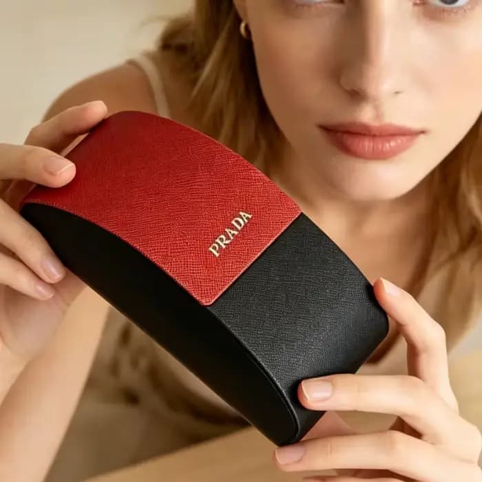 Prada – étui à lunettes de soleil texturé noir et rouge pour femmes, boîte de rangement rigide portable pour lunettes, accessoires de voyage et de vacances