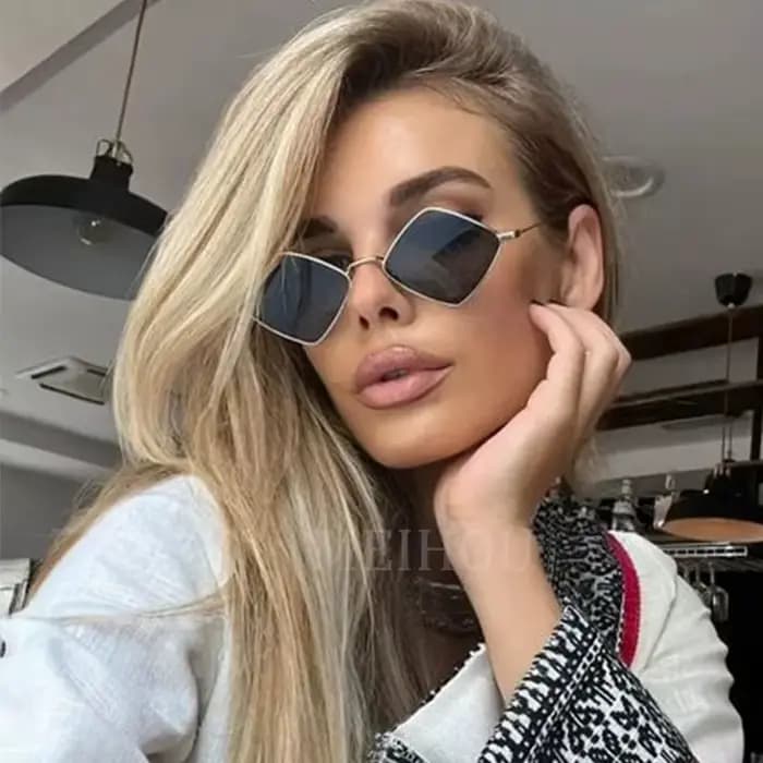 Hipster polygone femmes lunettes de soleil irrégulière Vintage petit cadre losange dames