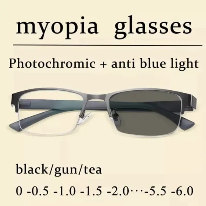 Lunettes de myopie à demi-monture photochromiques pour hommes, verres d'affaires gris 0 ~ -4.0, lunettes légères bloquant la lumière bleue