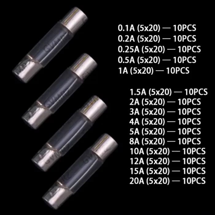 15 valeurs 0,1A-20A ​ ​ 150PCS 5x20mm Kits de fusibles en verre : 0.1A 0.2A 0.25A 0.5A 1A 1.5A 2A 3A 4A 5A 8A 10A 12A 15A 20A 5X20