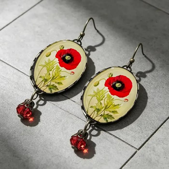 Boucles d'oreilles romantiques en verre en forme de fleur de coquelicot, finition bronze antique, bijoux fins pour elle, cadeau élégant