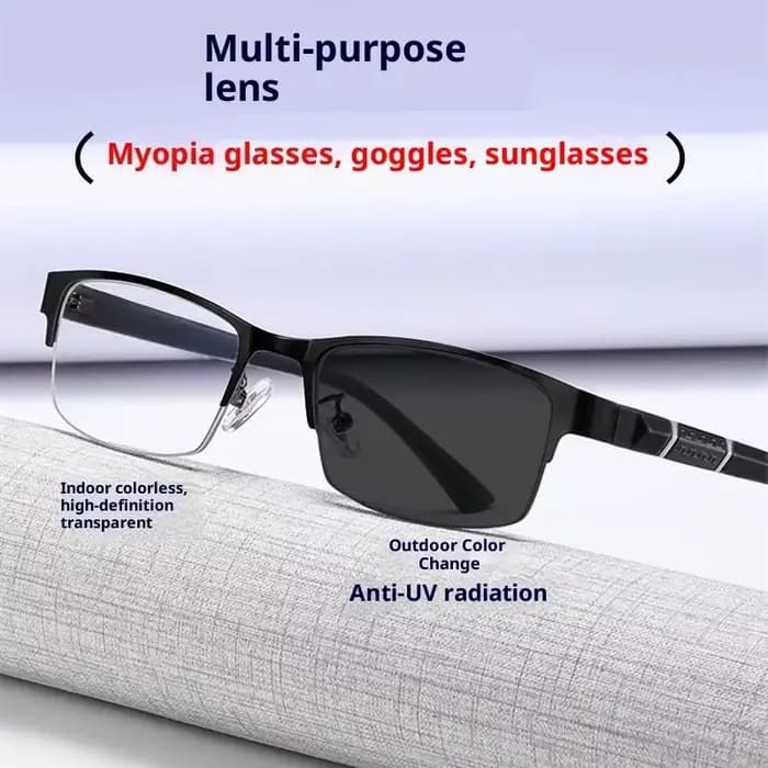 Lunettes de myopie à demi-monture photochromiques pour hommes, verres d'affaires gris 0 ~ -4.0, lunettes légères bloquant la lumière bleue