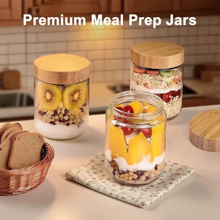 Bocaux en verre de 16 oz avec couvercles hermétiques en bambou, récipients pour overnight oats, bocaux à large ouverture pour salades, yaourts, sucre, collations, épices