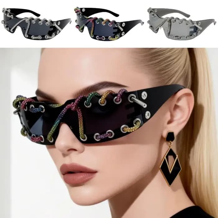 Lunettes de soleil Punk avec chaîne en strass