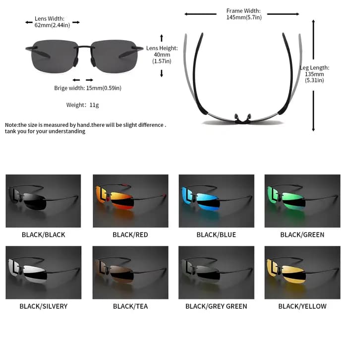 Lunettes de soleil polarisées sans cadre TR90 ultra légères 11 g – Coupe flexible et confortable