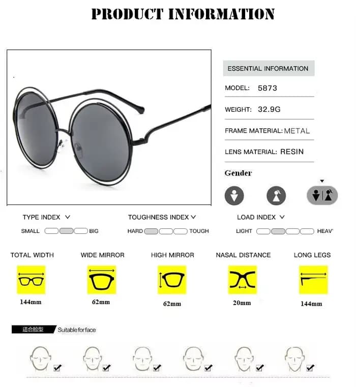 Lunettes de soleil vintage rondes de grande taille pour femmes