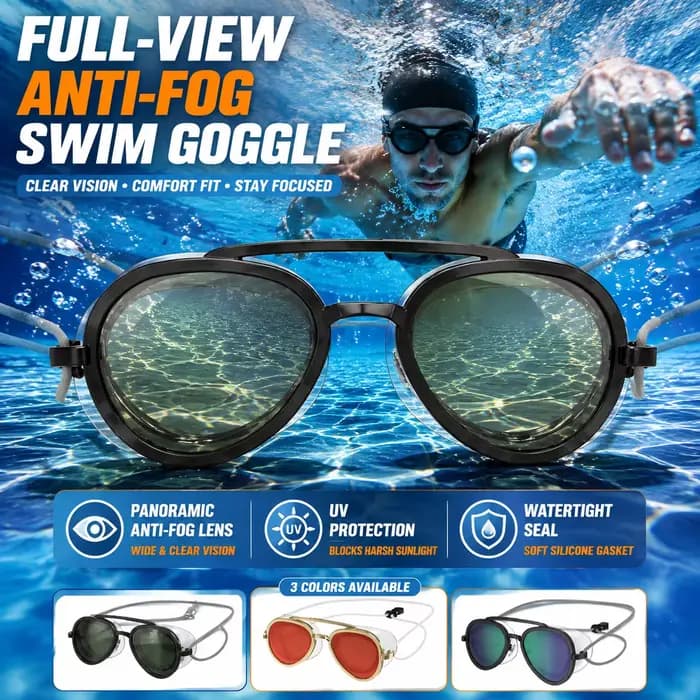 Lunettes de natation anti-buée à vision panoramique, protection UV, lentille panoramique, étanchéité en silicone, sangle élastique réglable, lunettes de natation