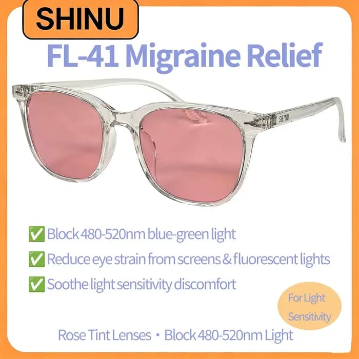 Lunettes teintées SHINU FL-41 pour homme et femme avec verres Rose FL41 bloquant la lumière bleue et verte 480-520nm, lunettes anti-lumière sensible