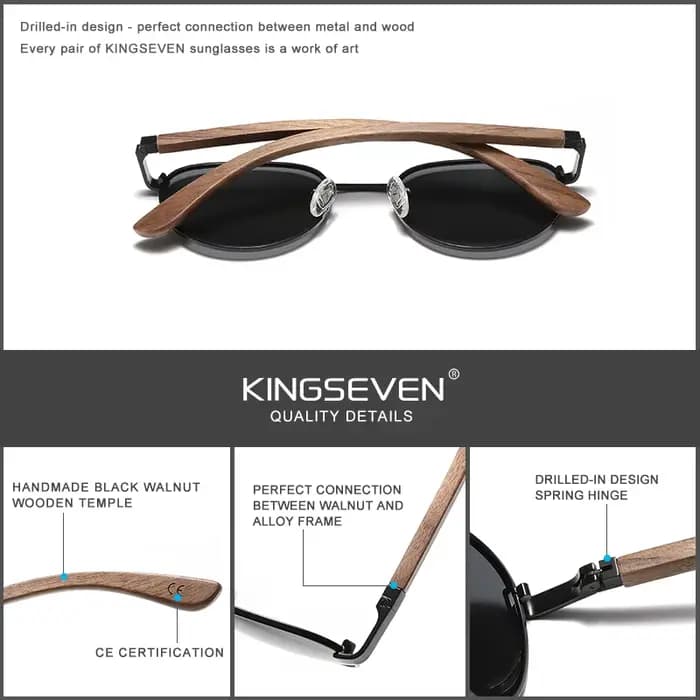 KINGSEVEN lunettes de soleil rondes en bois de noyer pour hommes lentille de Protection polarisée UV400